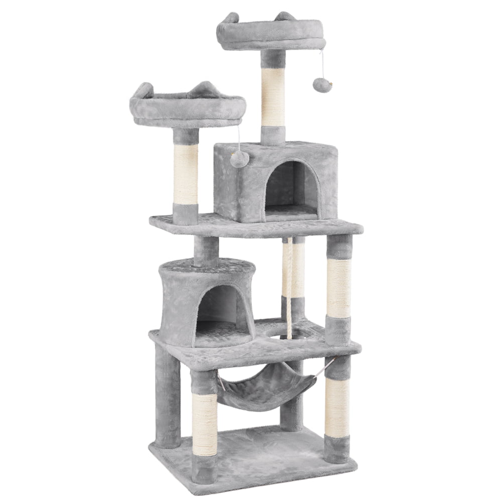 Topeakmart 62.2'' Multi Level Cat Tree Scratching Post Tower with 2 Condos and 2 Foam-Padded Perches and Fur Ball， Light Gray