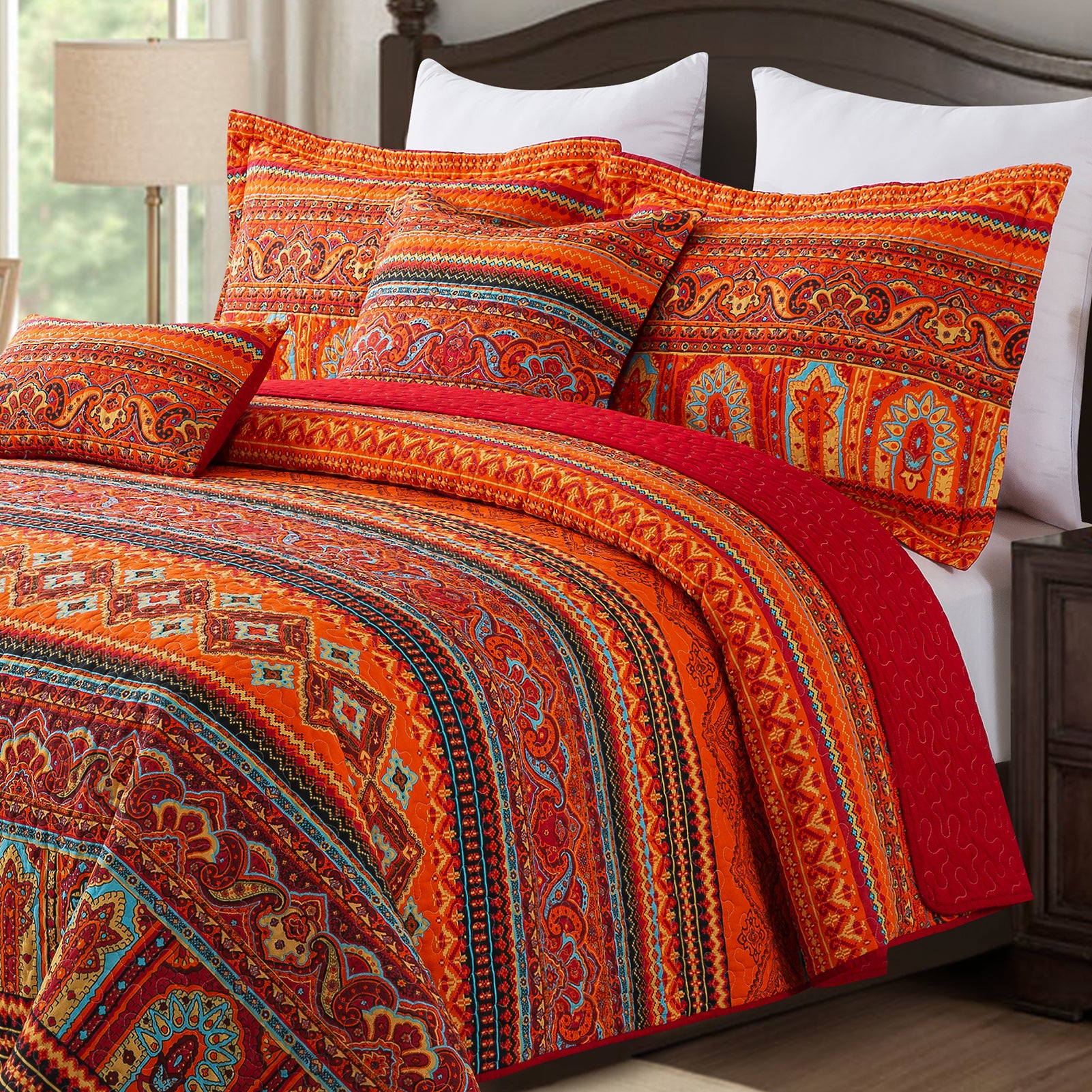 TWINRUN Queen Size Quilts Sets, Lightweight Microfiber Quilt Bedding Sets, Soft Bedspread Coverlet Set for All Season, Red/Orange