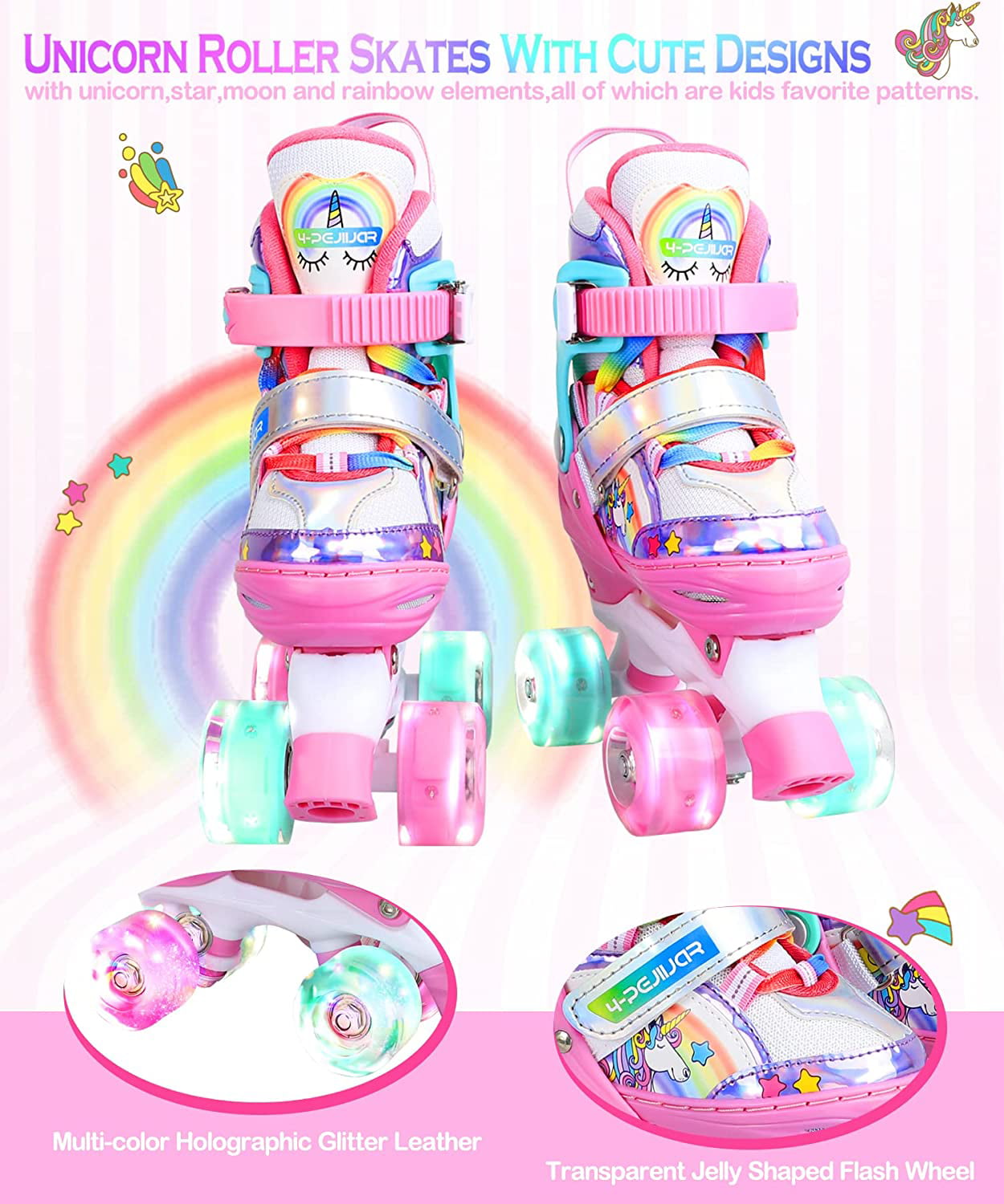 Roller Skates for Kids Girls Rainbow Unicorn Toddler Roller Skates W/Full Light up Wheels for Outdoor Beginner Rollerskates for  Gifts