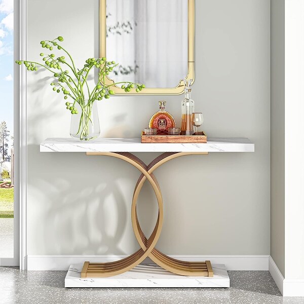 Console Table， Faux Marble Hallway Table with Geometric Metal Legs - 11.81