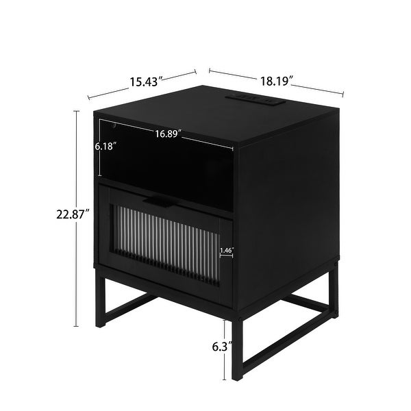 Nightstand with LED Lights Drawer， Black Bedside Table for Bedroom