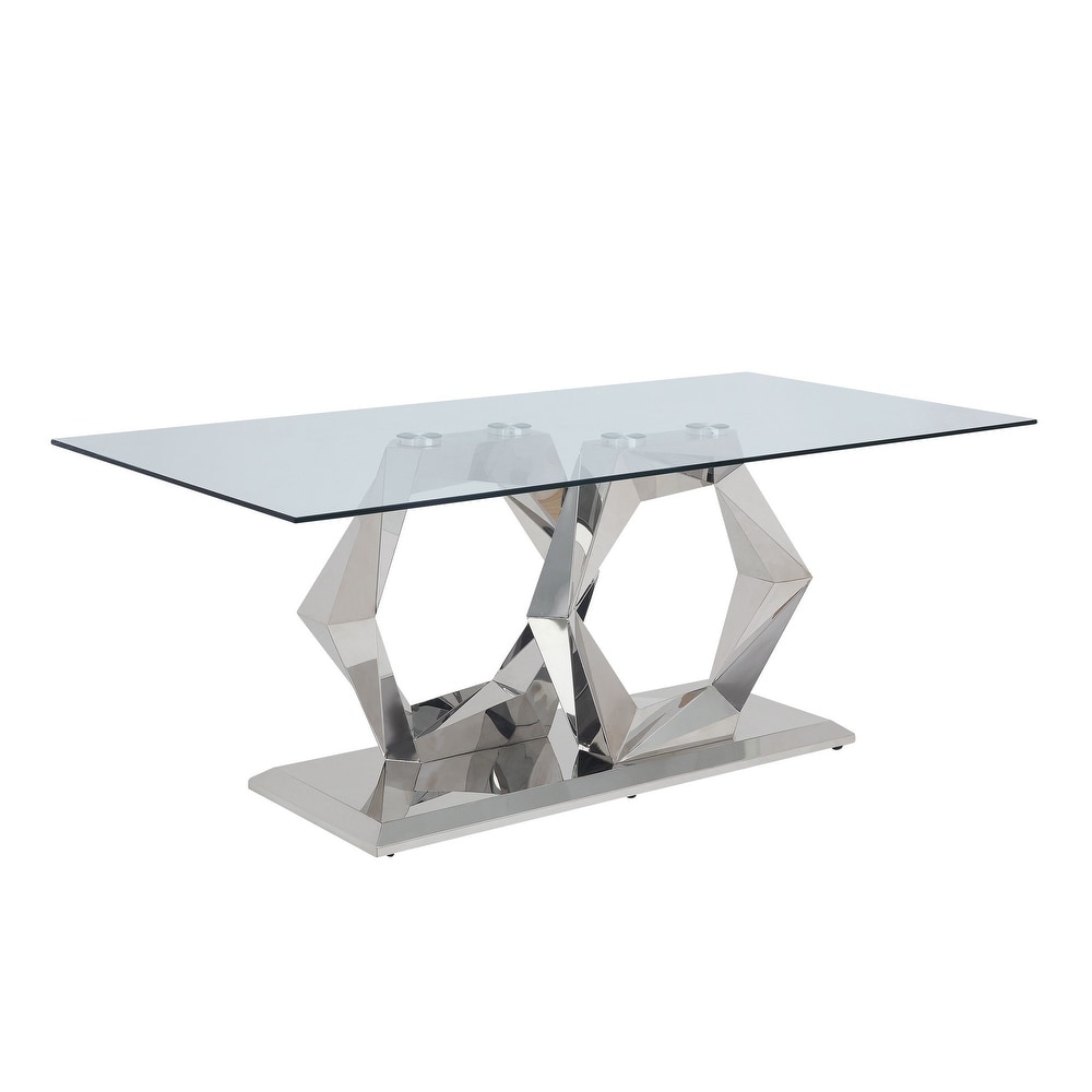 Glass Top Dining Table with Steel Double Hexagonal Base  Chrome