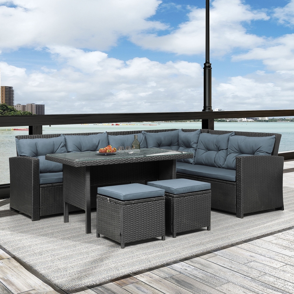 Patio 6 piece Outdoor Sectional Sofa with Glass Table Set