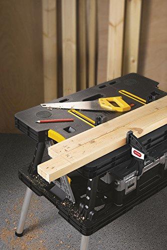 Keter – 197283 Folding Table Work Bench for Miter Saw Stand, Woodworking Tools and Accessories with Included 12 Inch Wood Clamps – Easy Garage Storage Black/Yellow