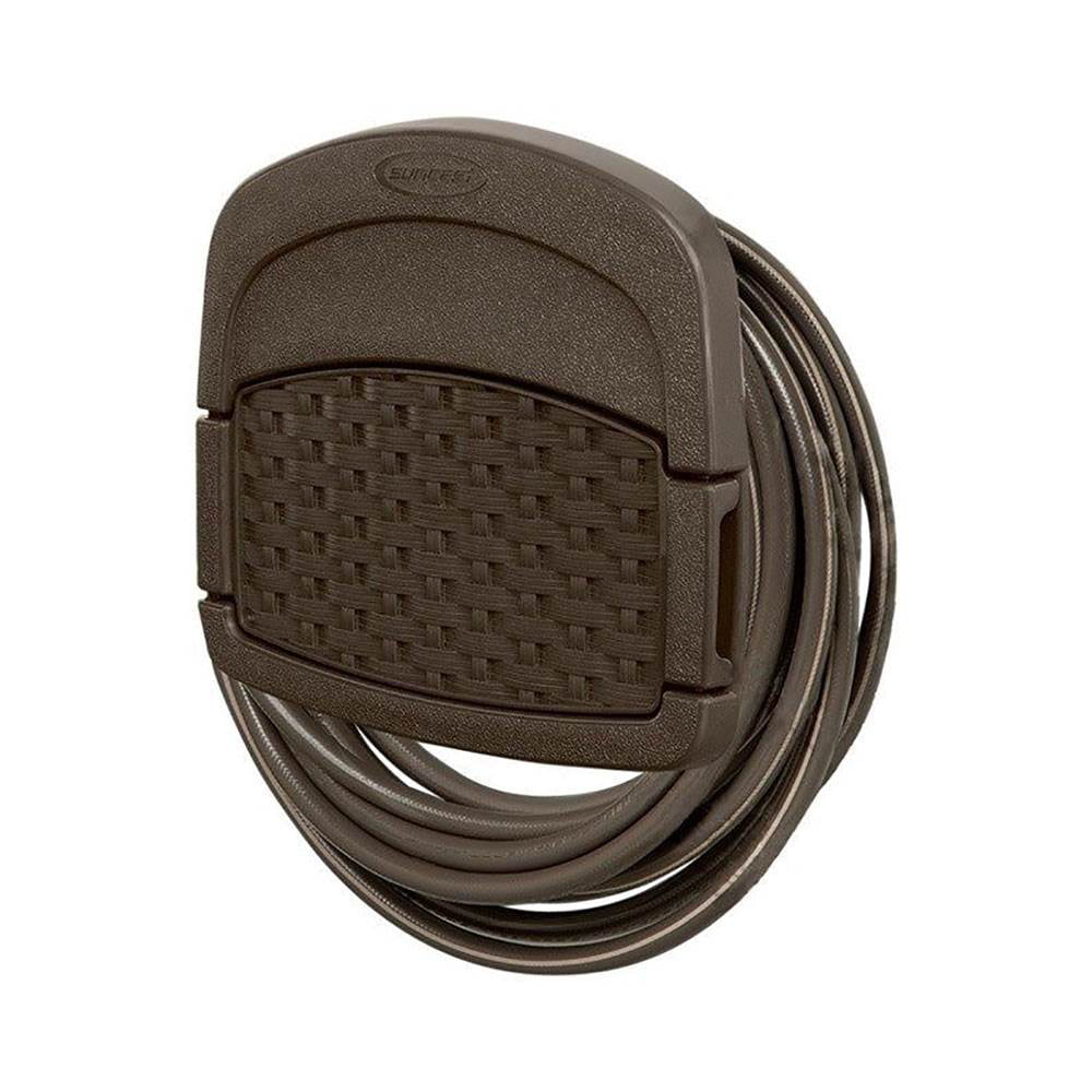 Suncast Hangout 150 Foot Resin Wicker Mounted Garden Storage Hose Reel， Brown