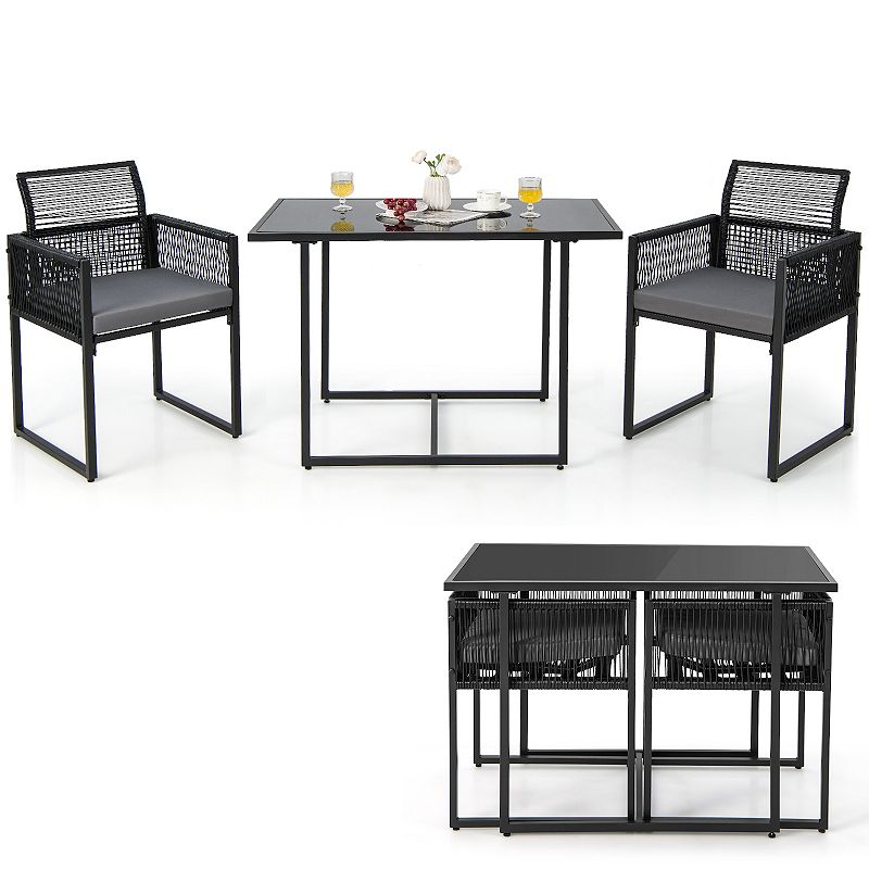 3 Pieces Outdoor Dining Set with Folding Backrest and Seat Cushions