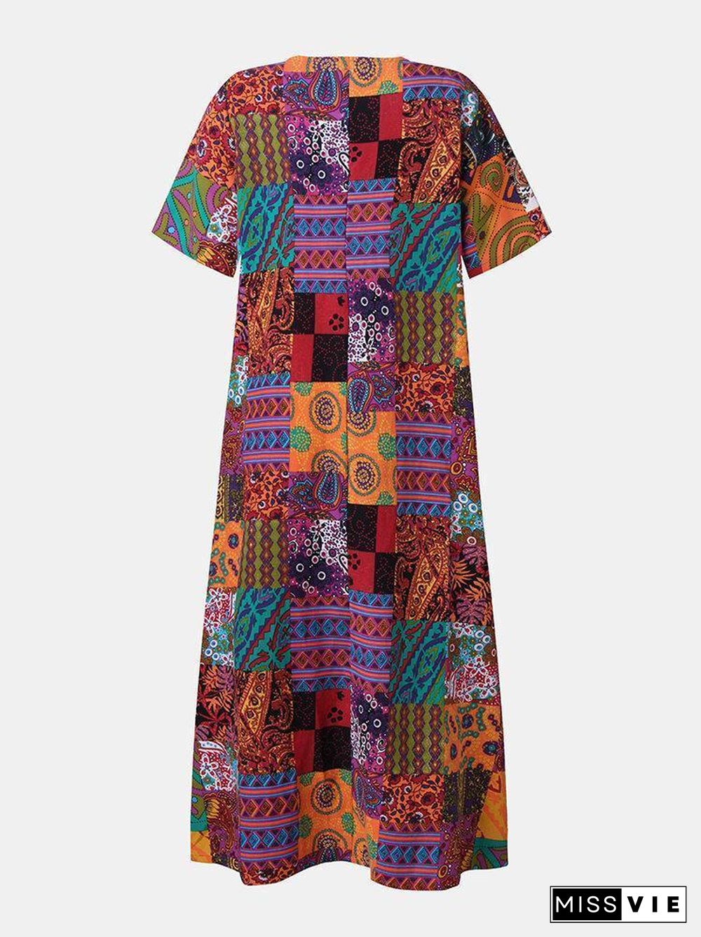 Ethnic Style Plus size Loose V-neck Printed Maxi dress