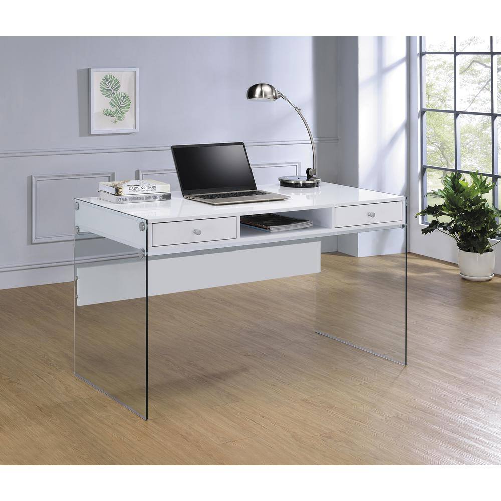 Coaster Writing Desk with Glass Sides Glossy White and Clear 800829