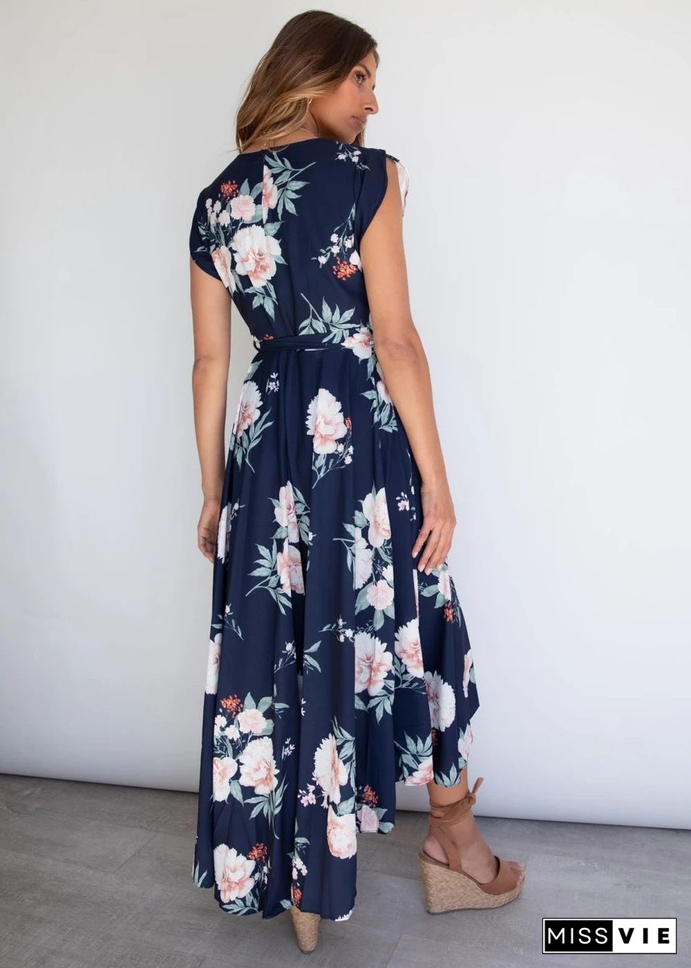 Sleeveless V Neck Tie Waist High Low Floral Maxi Dress