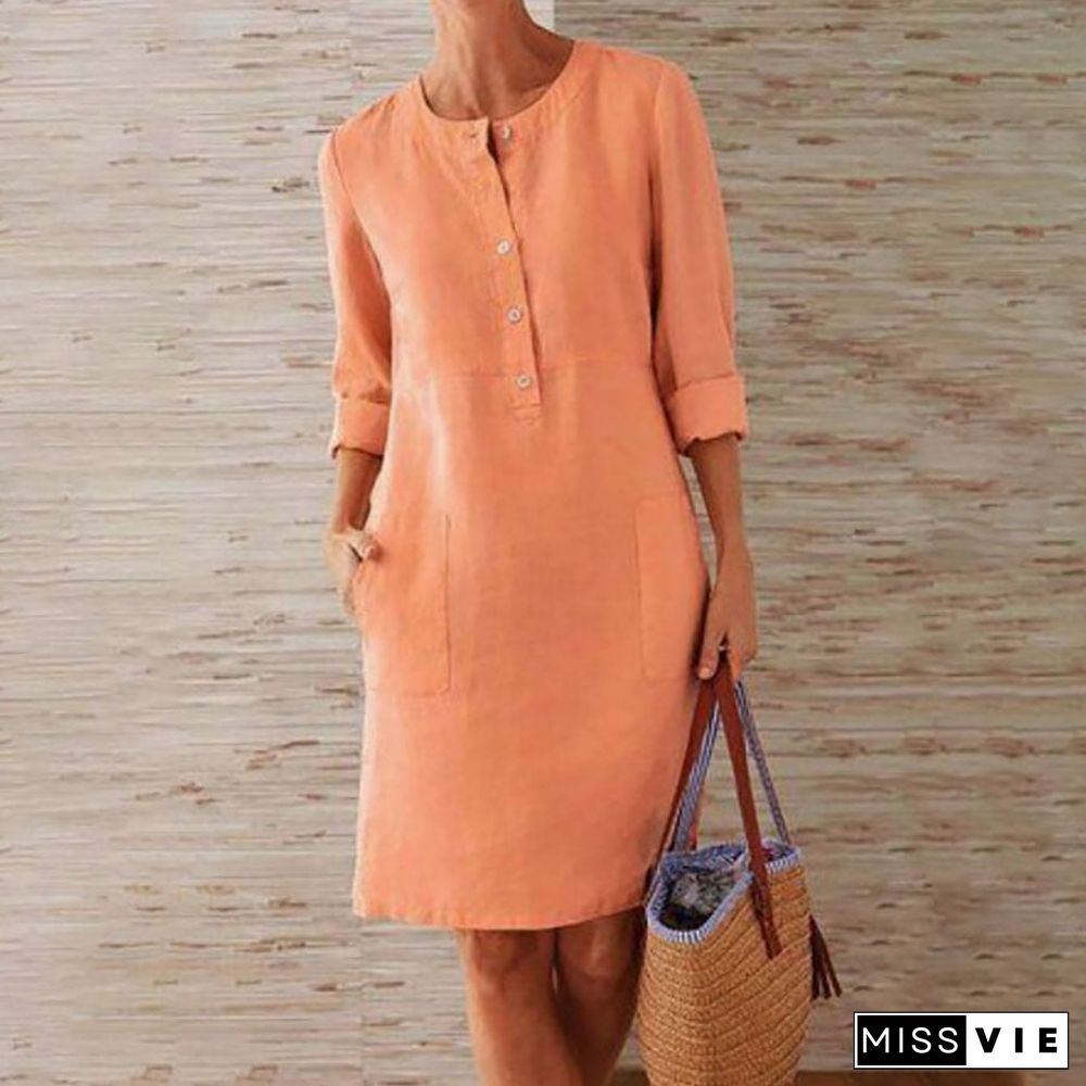 Pure Color Casual Cotton And Linen Round Neck Dress