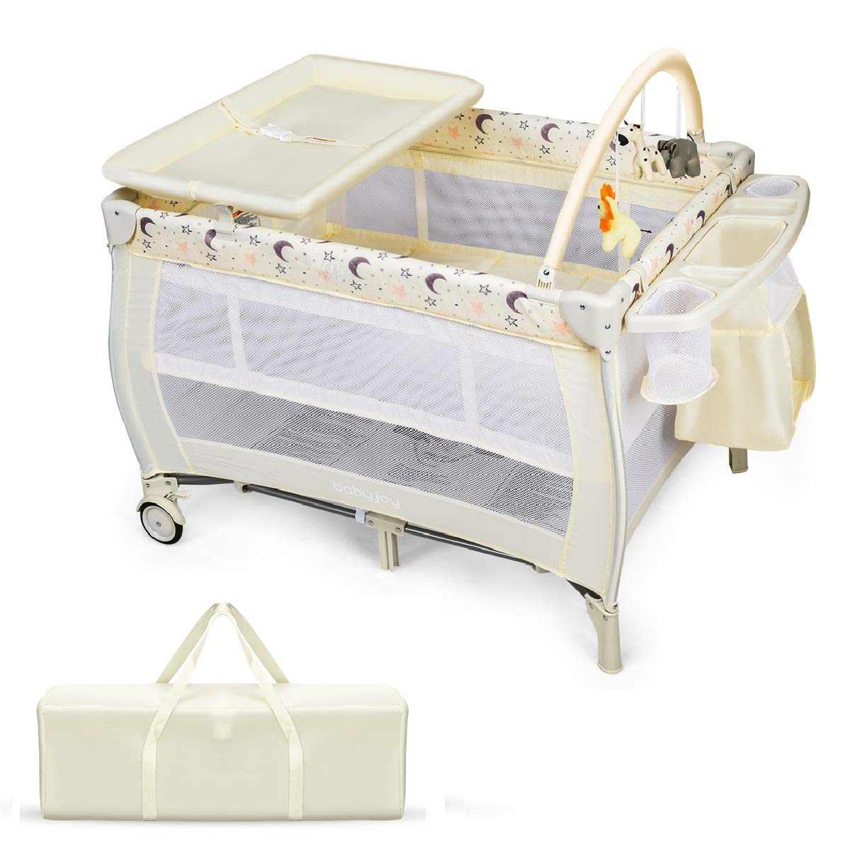 BABY JOY 3 in 1 Portable Pack and Play with Bassinet, Convertible Baby Travel Crib Playard with Changing Table