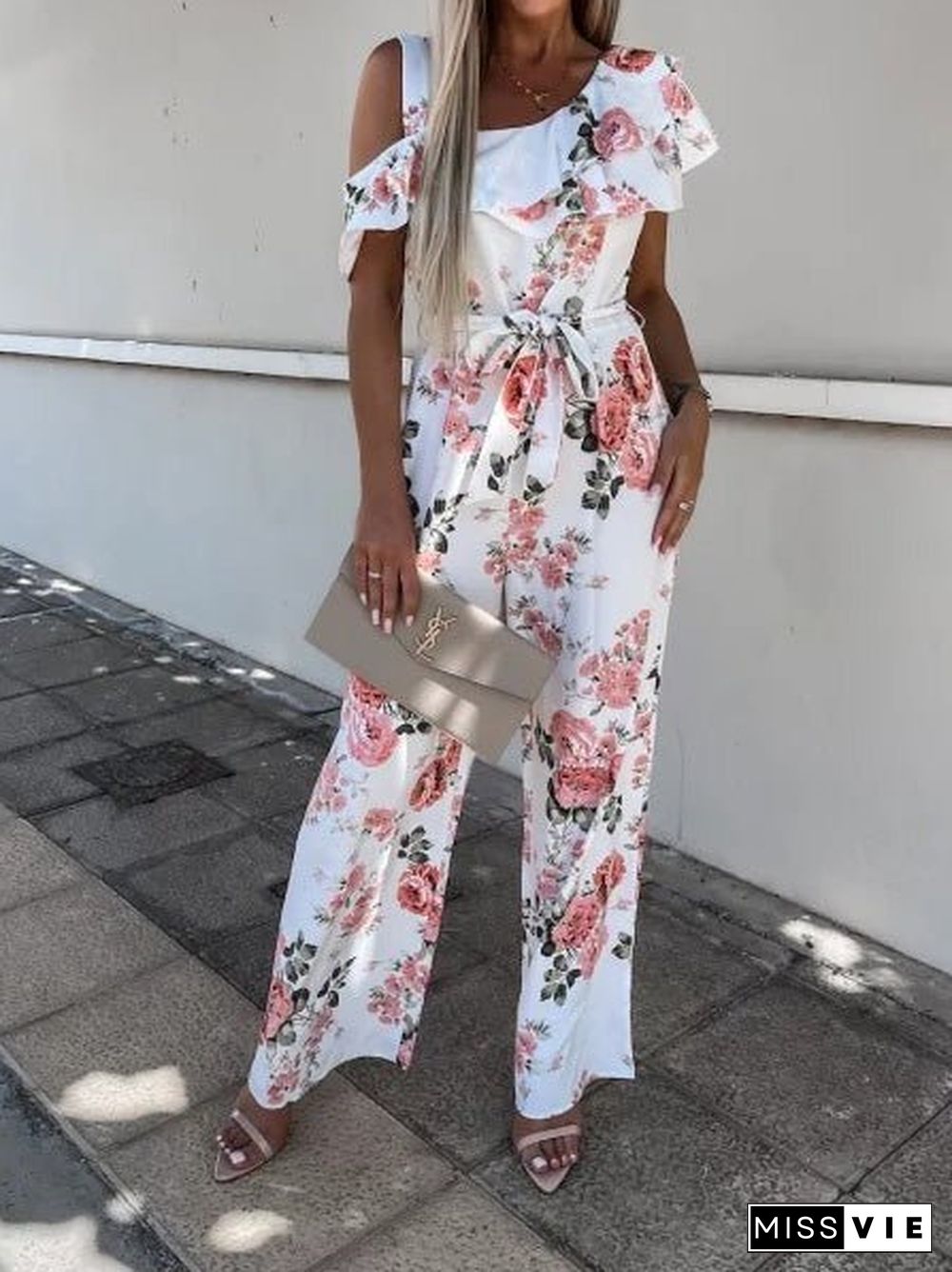 Women'S Jumpsuits Printed Suspender Belted Sloping Shoulder Jumpsuit