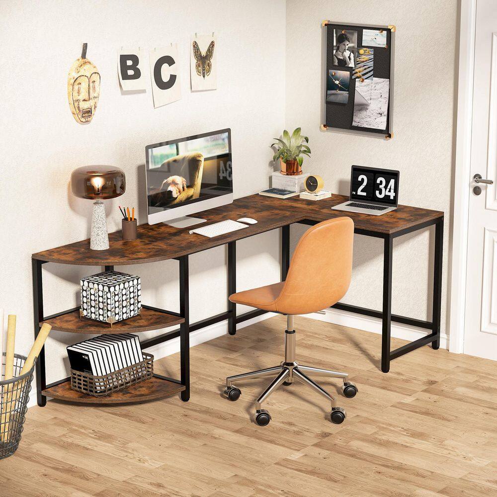 TRIBESIGNS WAY TO ORIGIN Halseey 74.8 in. W L-Shaped Brown Corner Computer Reversible Writing Studying Reading Desk 3 Tier Storage Shelves HD-CJ063-WZZ