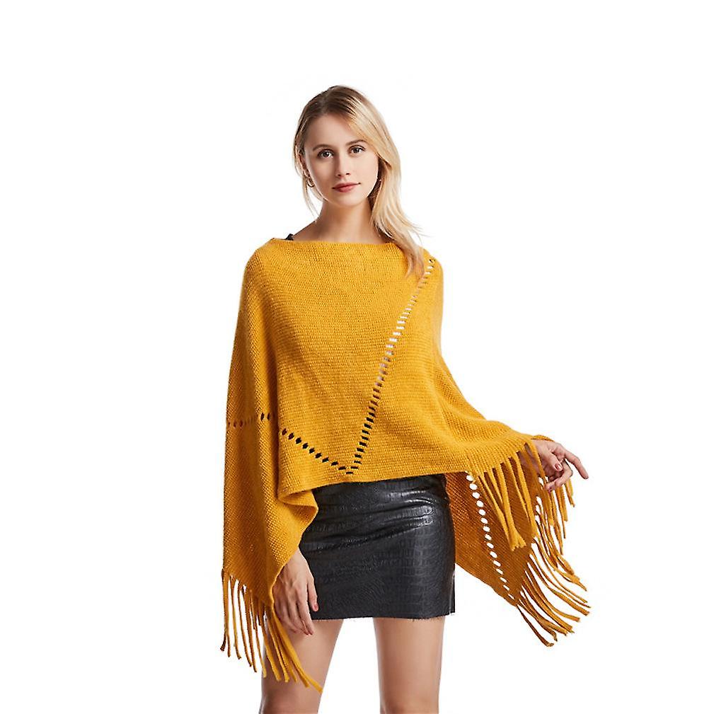 Yellow Loose Shawl Pullover Kniting Poncho With Tassel Batwing Blouse For Lady