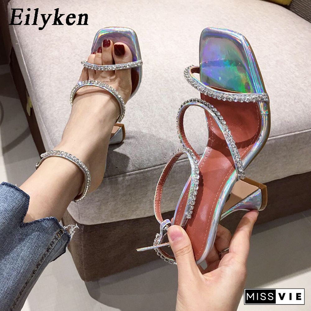 Eilyken New Design Square Toe Sandals Fashion Crystal Diamond PU Leather Ankle Buckle Strap Strange Heels Shoes Woman Summer