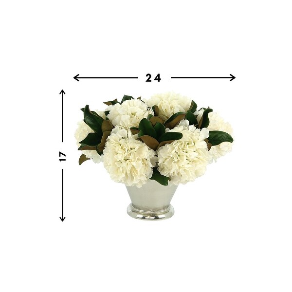 Hydrangea and Magnolia Leaf Arrangement in a Metal Vase