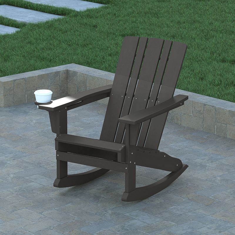 Emma and Oliver Haley Set of 2 Adirondack Rocking Chairs with Cup Holders， Weather Resistant HDPE Adirondack Rocking Chairs