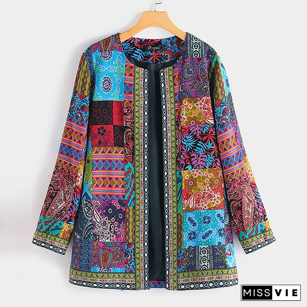 Women  Casual Loose Ethnic Open Front Cardigan Autumn Spring Fashion Floral Print Outwear JacketLong Sleeve Thin Coat Plus Size S-5XL