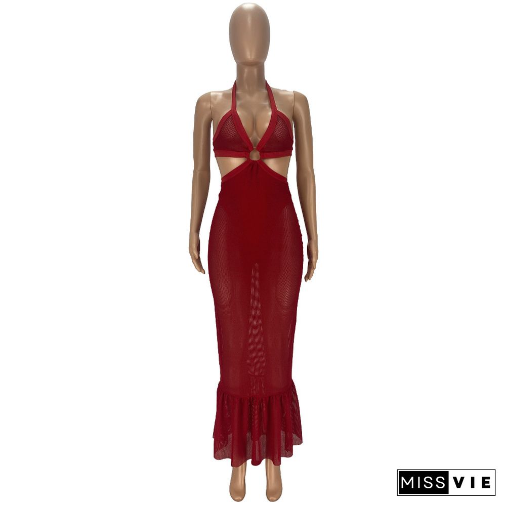 Mesh See Though Hollow Halter Backless Maxi Dresses