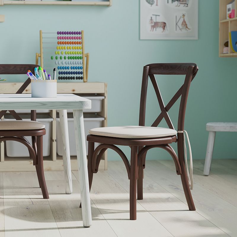 Merrick Lane Kid's Stackable Ash Wood Crossback Chair in a Mahogany Finish with Cushion and Plastic Floor Glides