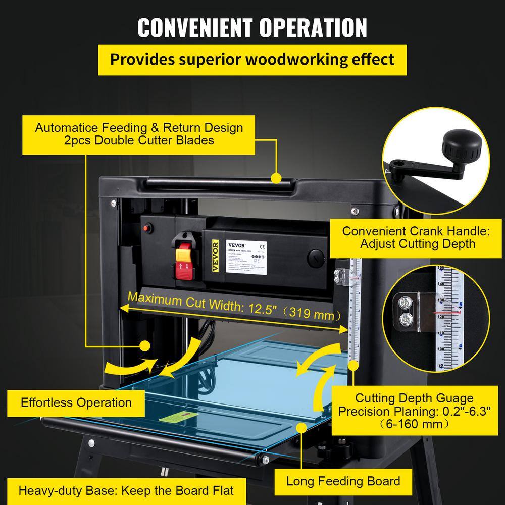 VEVOR Thickness Planer 12-12 in. Wood Planer Foldable 1500-Watts with Dust Exhaust Interface Stand for Woodworking YPJ12.5YC00000001V1