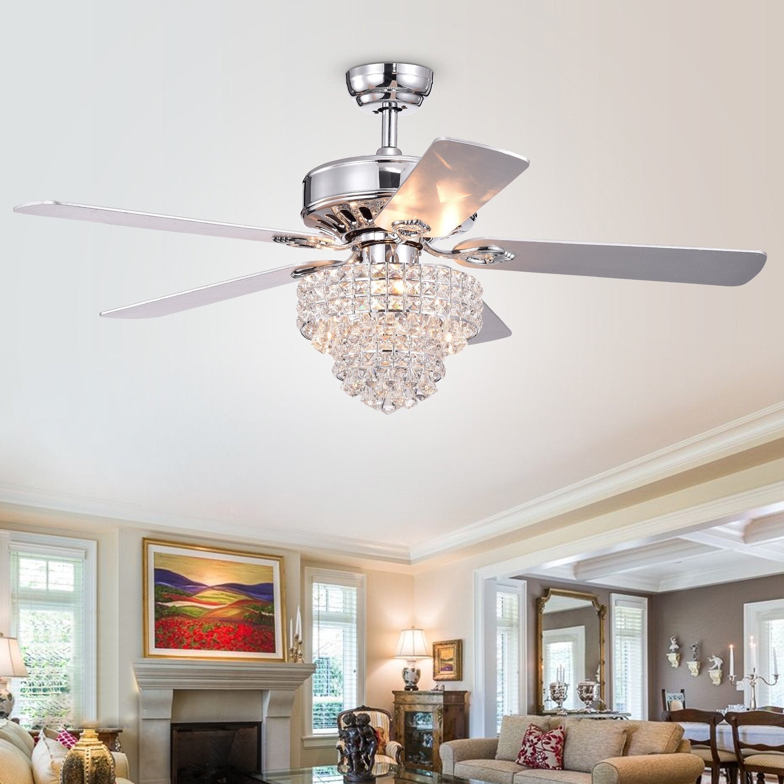 Bryanya 5-Blade 52-Inch Chrome Lighted Ceiling Fans with Crystal Shade (Remote Controlled)