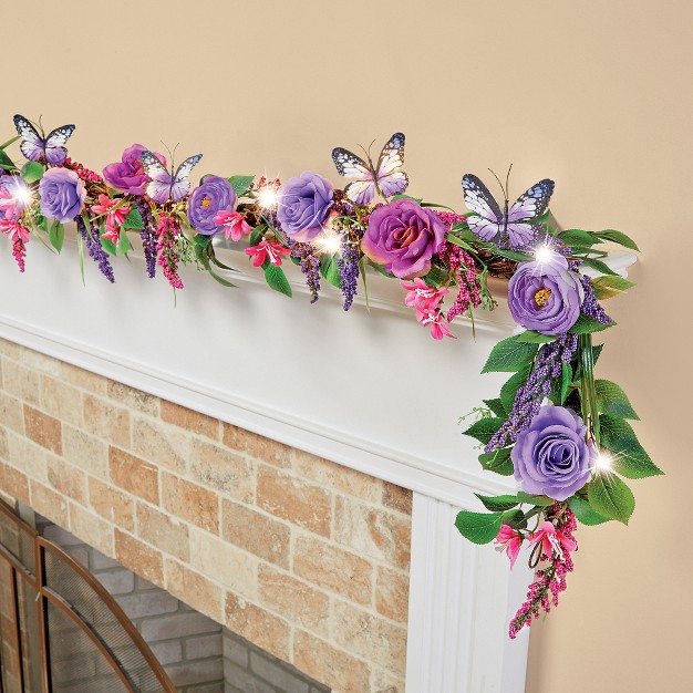 Collections Etc Led Lighted Purple Rose And Butterfly Garland