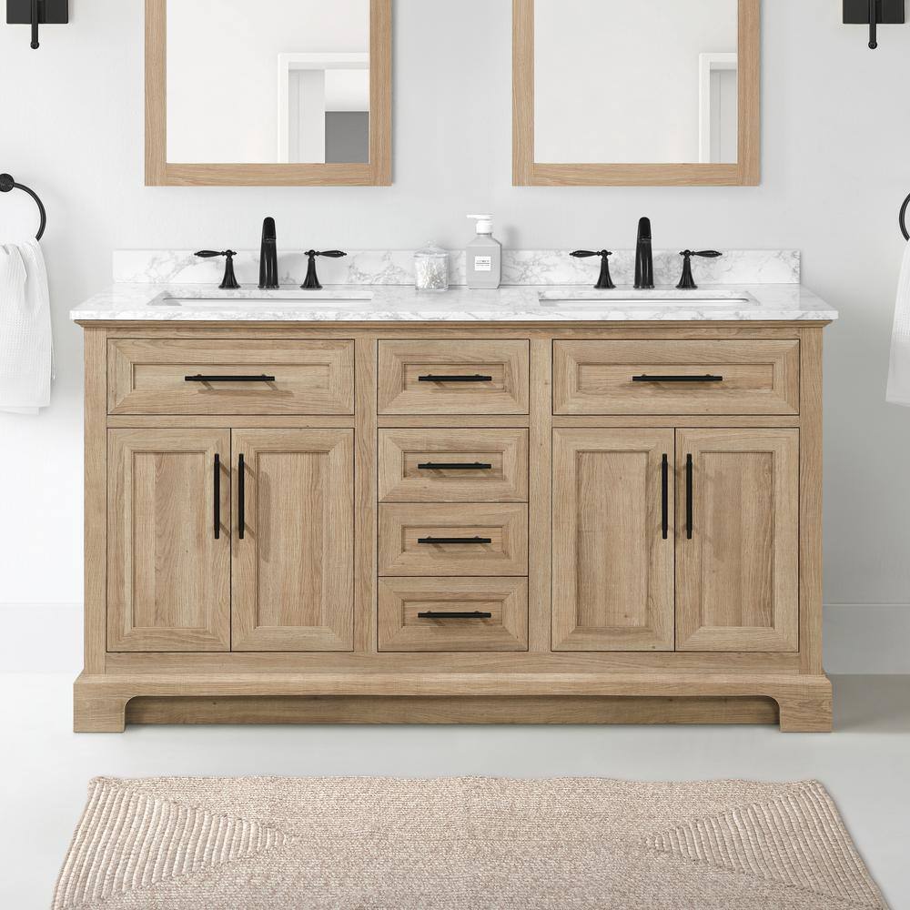 Home Decorators Collection Doveton 60 in. W x 19 in. D x 34.50 in. H Bath Vanity in Weathered Tan with White Cultured Marble Top Doveton 60WT