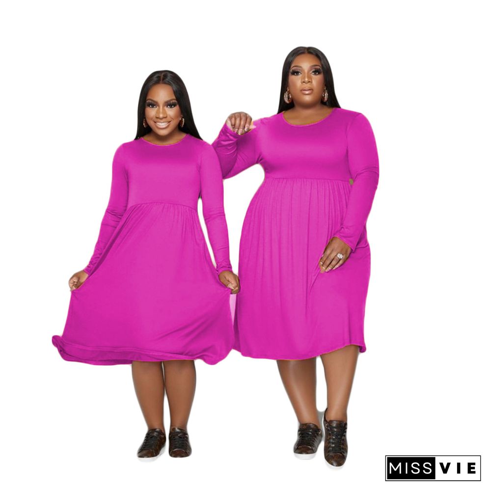 Solid Color Long Sleeve A Line Plus Size Dresses