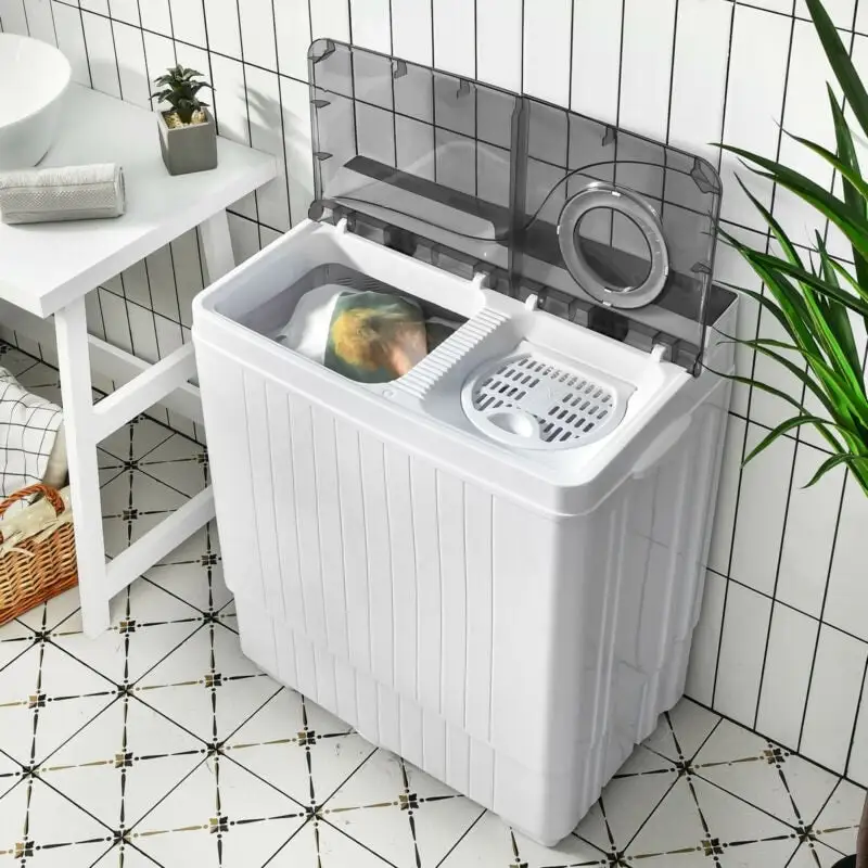 26lbs Portable Semi-automatic Washing Machine with Built-in Drain Pump Twin Tub Washer Spinner Combo