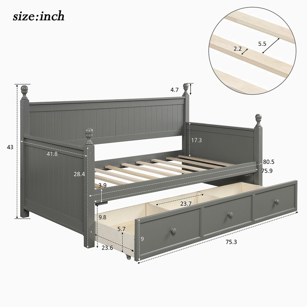 Twin Size Grey Wood Daybed with Drawers