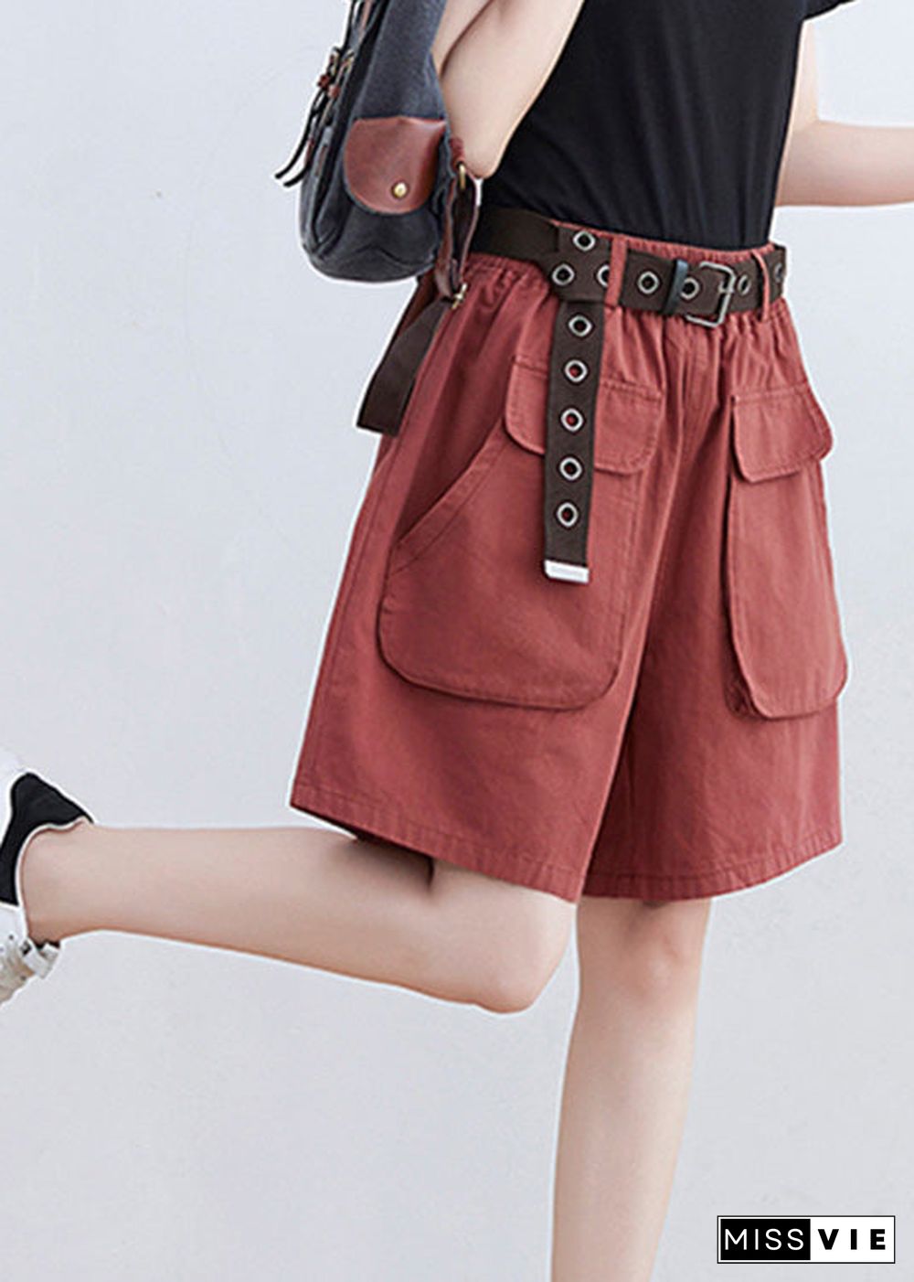 Red Pockets Elastic Waist Wide Leg Shorts