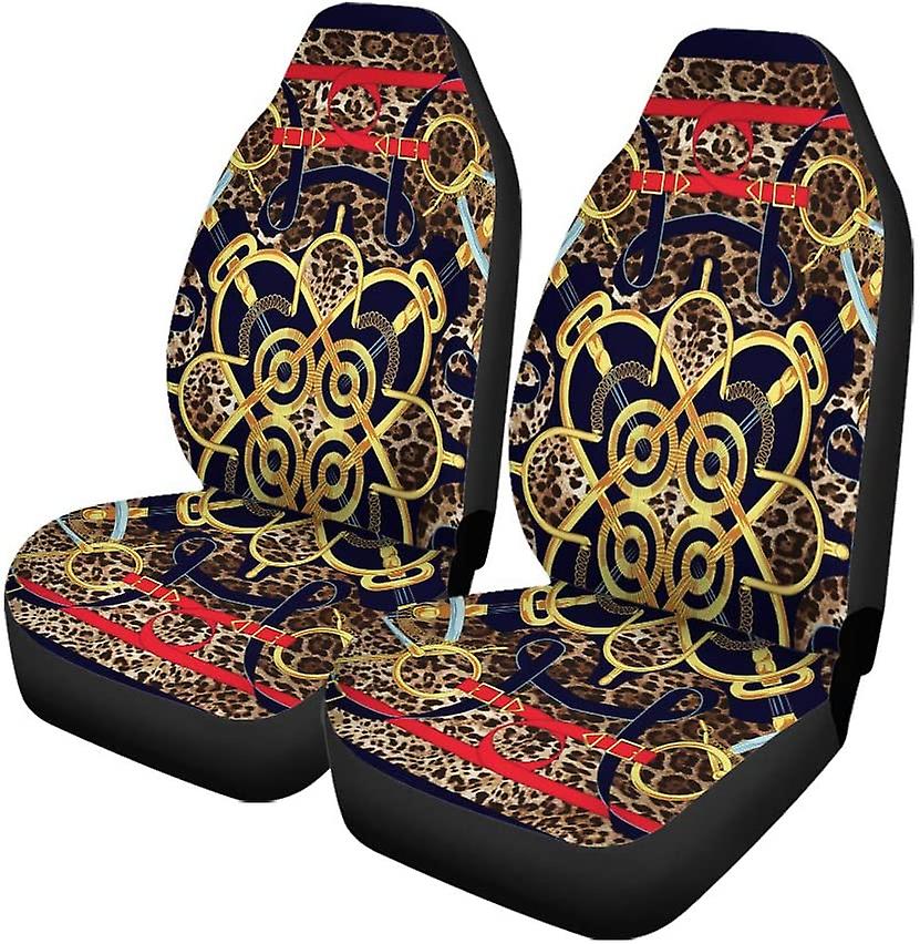 Set Of 2 Car Seat Covers Elegant Square Fashion Scarf Gold Chains Red Leopard Universal Auto Front Seats Protector Fits