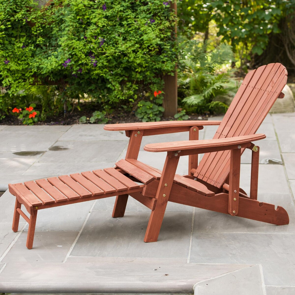 Leisure Season Wood Reclining Patio Adirondack Chair With Pull-Out Ottoman