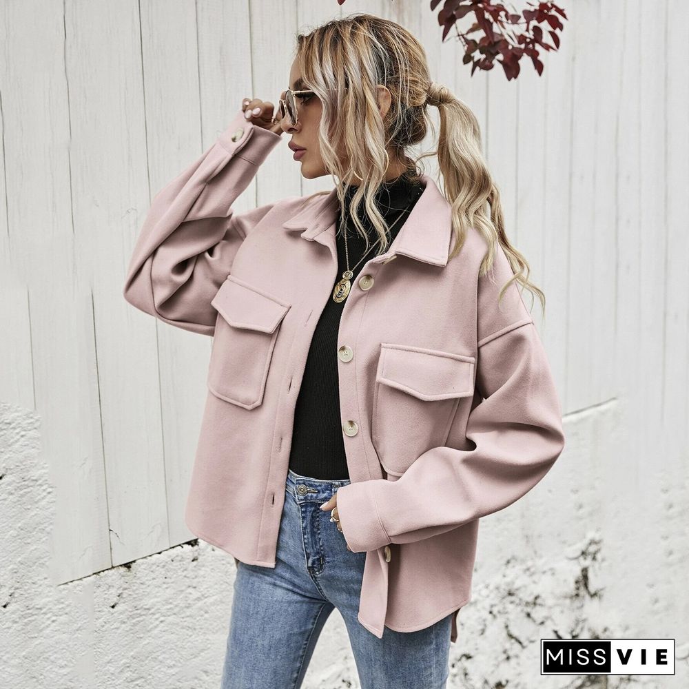 Winter Lapel Women Jacket Single-breasted Thickened Solid Color Shirt Woolen Loose Coat Women Coat