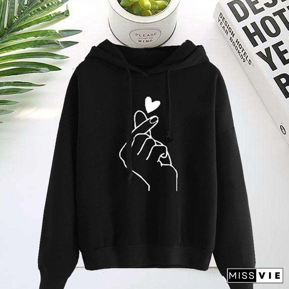 Womens Fashion Long Sleeve Solid Color Printed Heart Hooded Sweater Hoodies Casaul Finger Heart Hooded Pullover Hoodies Sweatshirts Plus Size S-5Xl