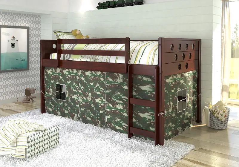 Boston Dark Brown Cappuccino Twin Loft Bed with Camo Tent