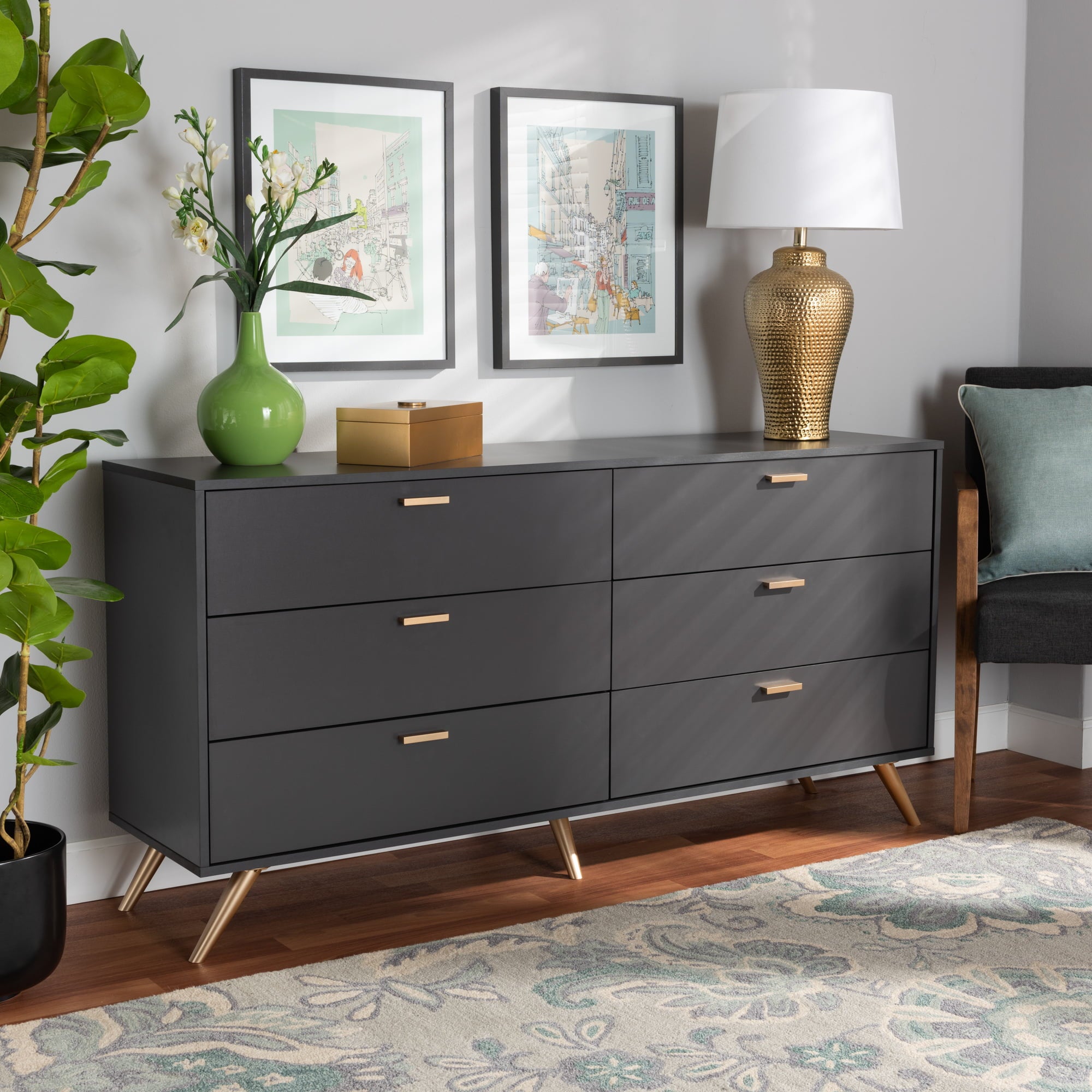 Baxton Studio Kelson Modern and Contemporary Dark Grey and Gold Finished Wood 6-Drawer Dresser