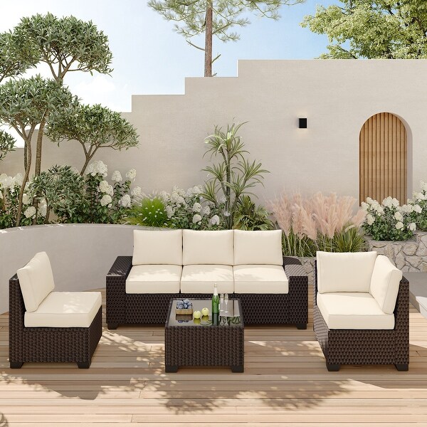 Outdoor Patio Sofa，6 Piece Rattan Furniture Set with Glass Table