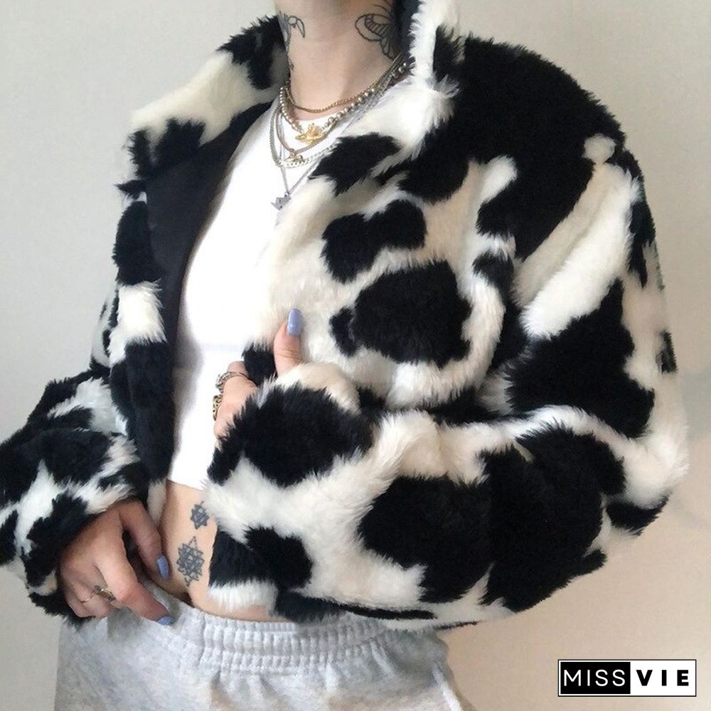 Winter Faux Fur Cows Printing Coats Women Long Sleeve Fur Cropped Jacket Woman Casual Gothic Furry Warm Streetwear Harajuku