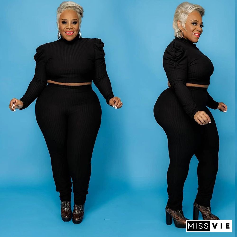 Women Plus Size Solid Color Crop Top Pants Two-piece Outfit