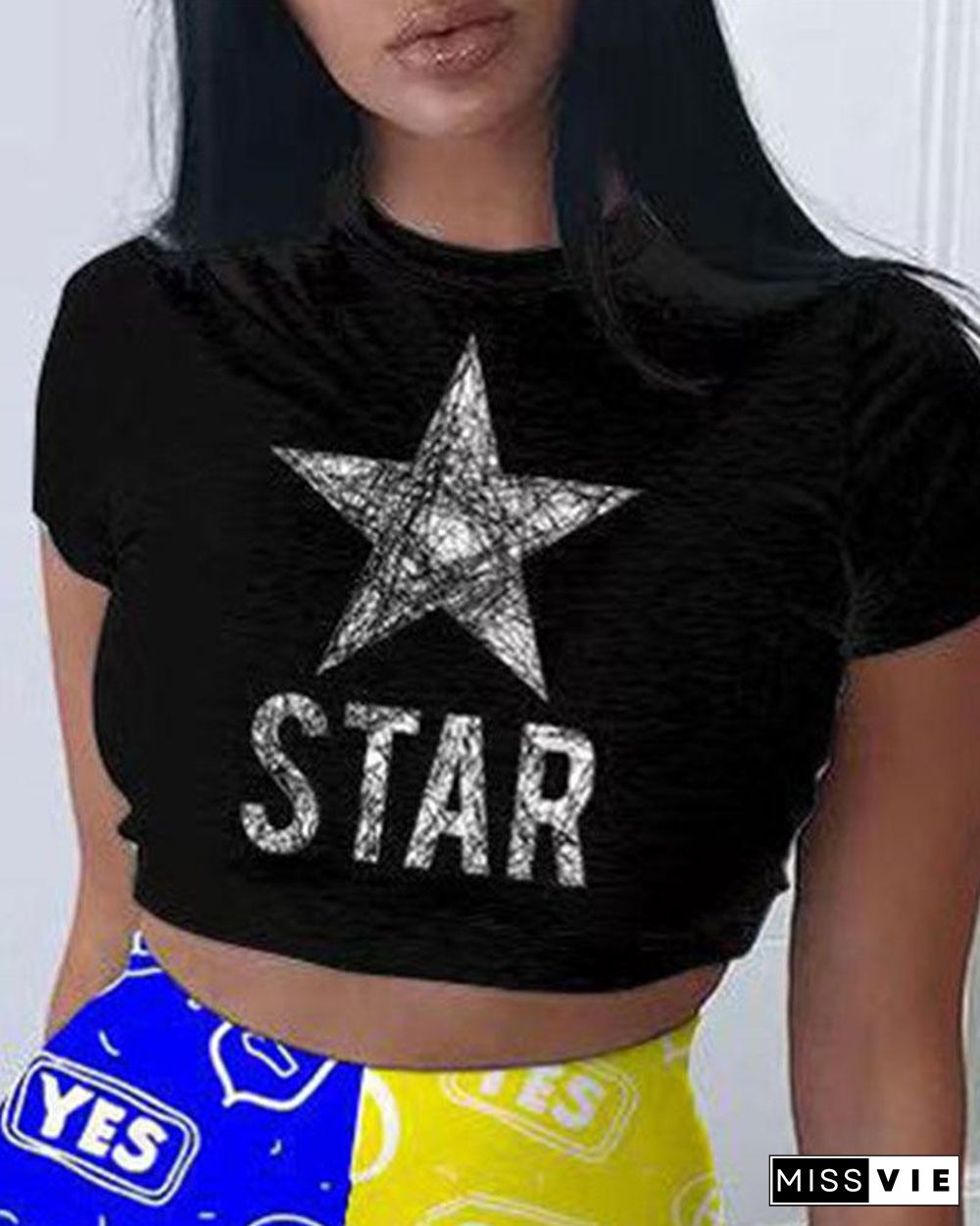 Colorblock Strar & Letter Print Crop Top & Pants Set