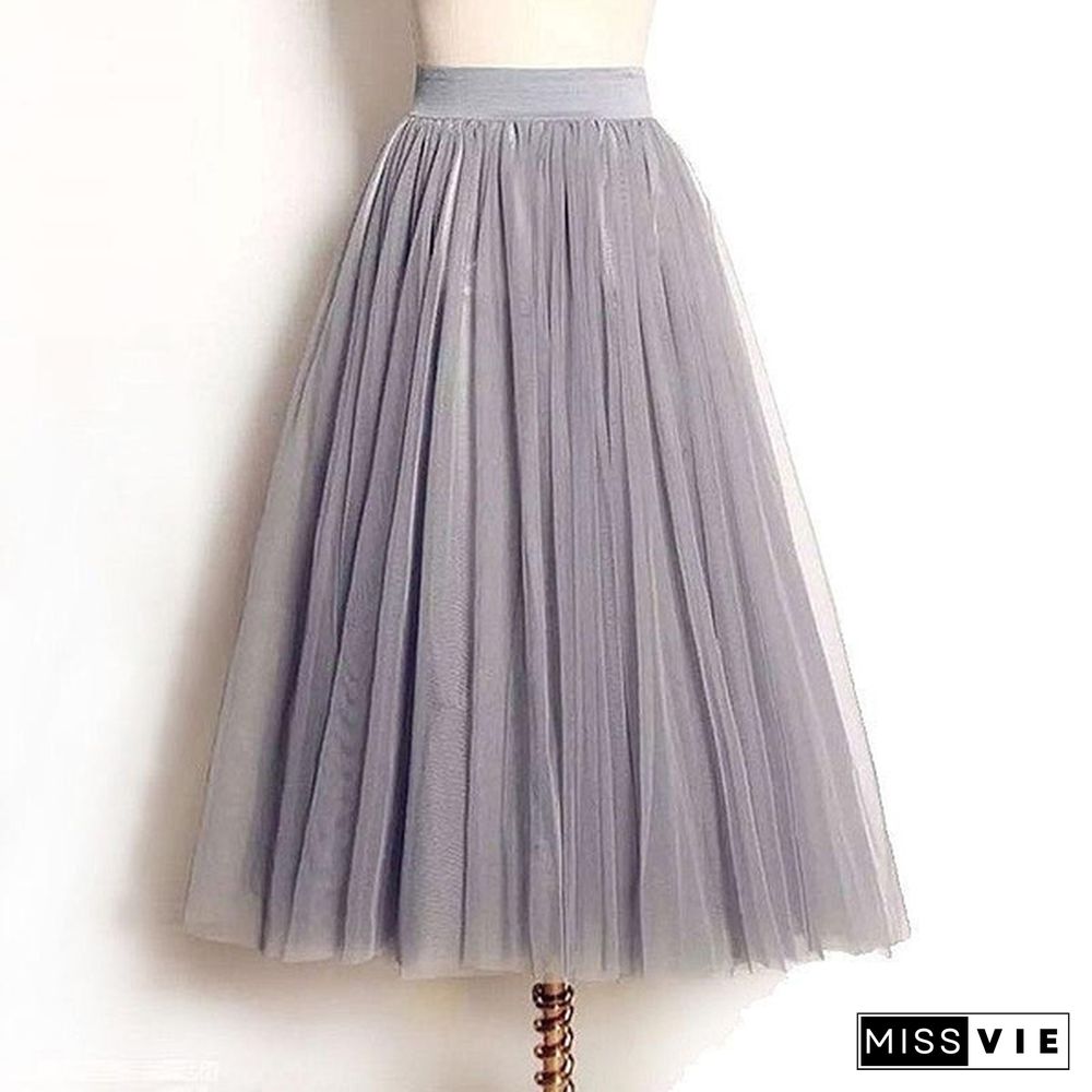 Tulle Skirts Women Spring Summer Elastic High Waist Skirt Womens Tutu Maxi Pleated Skirt Fashion