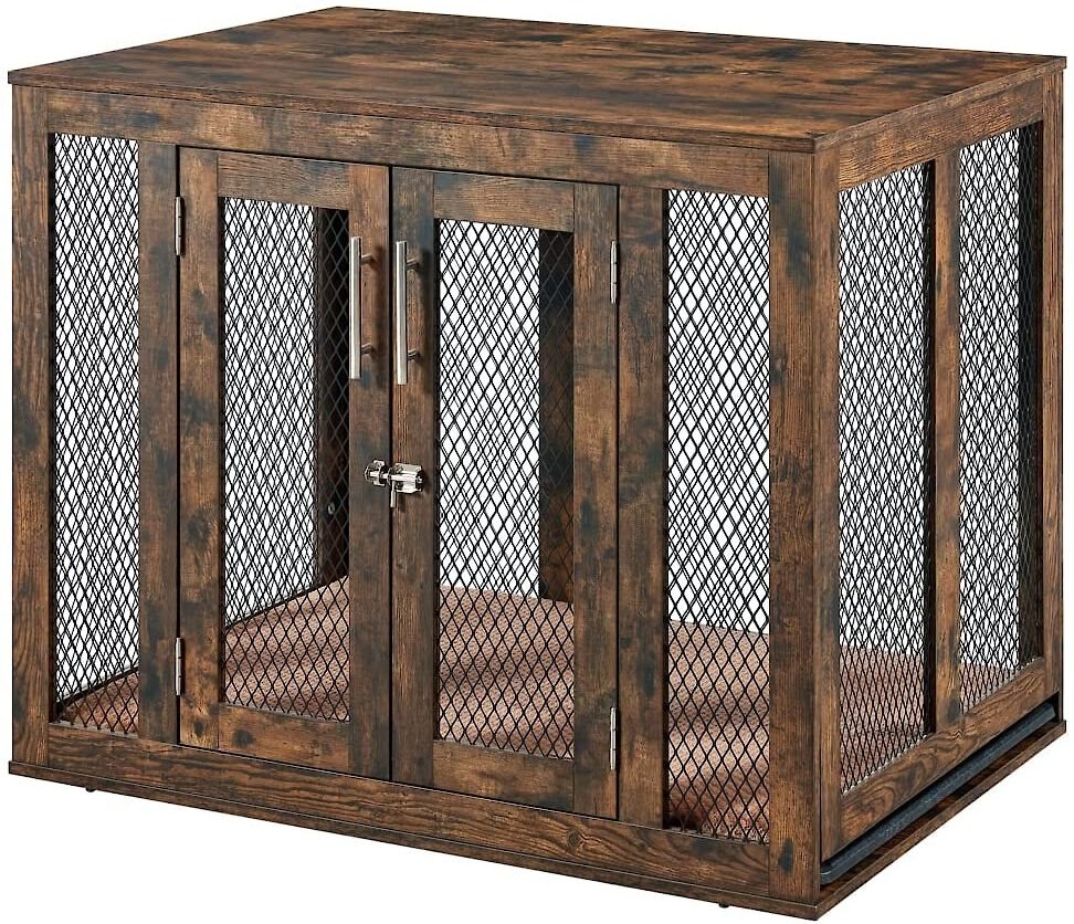 Unipaws Furniture Style Dog Crate with Tray， Rustic Brown