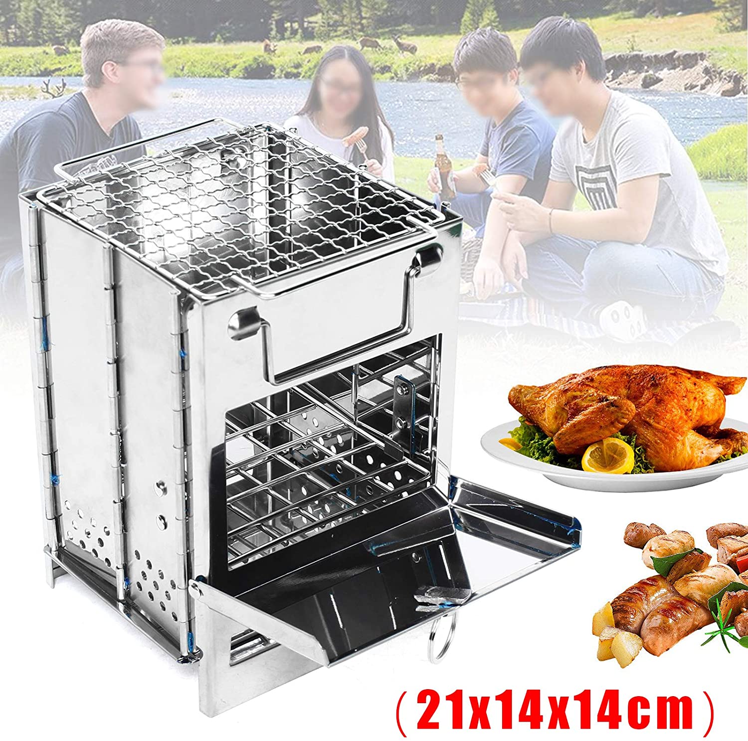 TFCFL BBQ Grill/Outdoor Camping Picnic/Stainless Steel Square Foldable Wood Stove