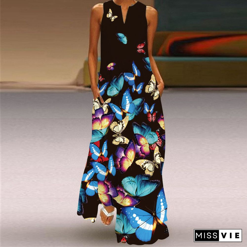 New Fashion Print Summer Dress Casual Sexy Boho Beach Dresses Women Party Dress V-neck Sleeveless Pocket Maxi Dresses