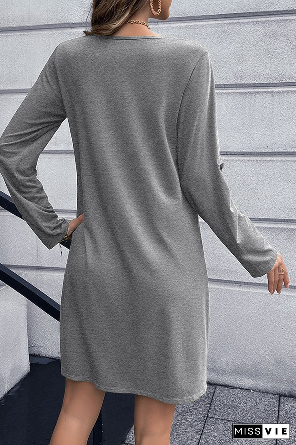 V Neck Front Open Button Long Sleeves Dress