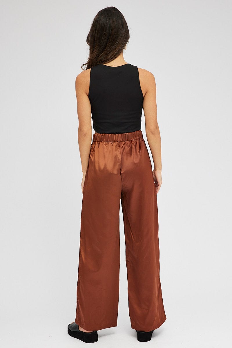 Brown Wide Leg Pants High Rise Satin