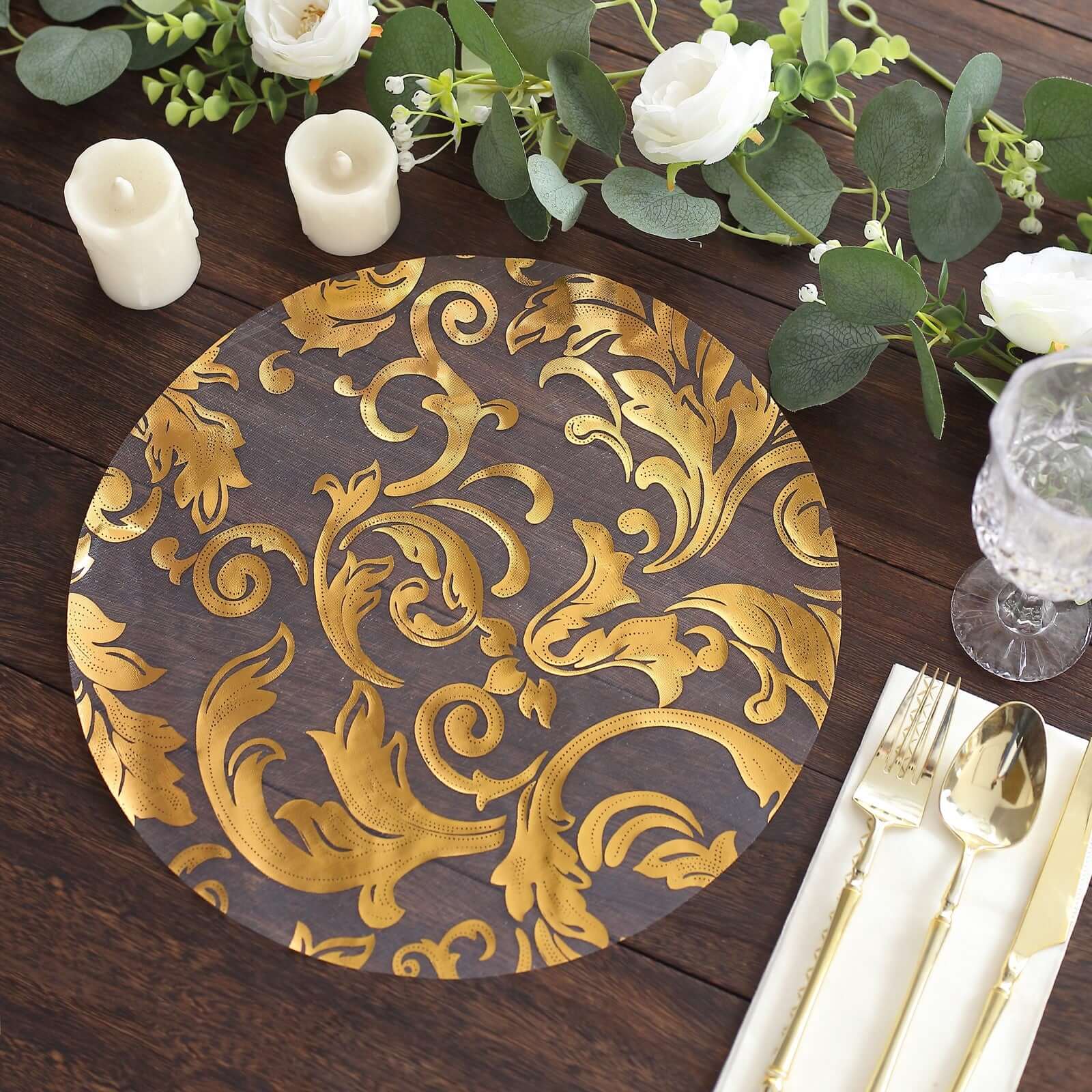 10 Pack Metallic Gold Sheer Organza Round Placemats with Swirl Foil Floral Design, 13