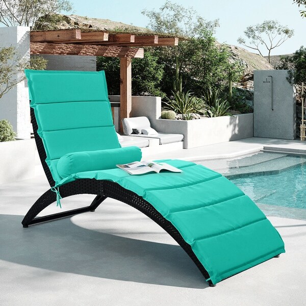 Wicker Sun Lounger Foldable Chaise Lounger with Cushion Bolster Pillow - 65